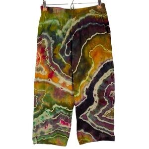 Handmade Tie Dye Pants Womens Small Geode Culottes Capri Crops Gold Purple Green
